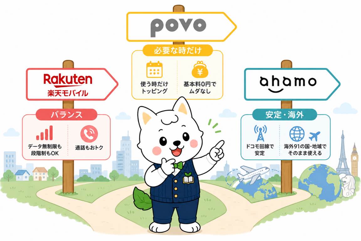 楽天モバイル、povo、ahamoを使い方別に選び分けるイラスト