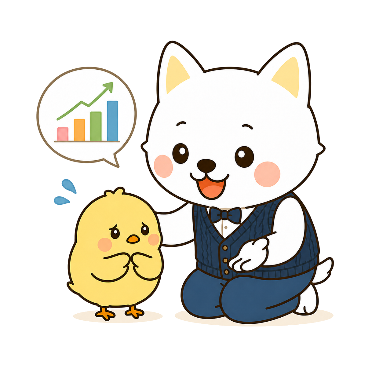 投資が不安なひよこに寄り添ういぬ先生