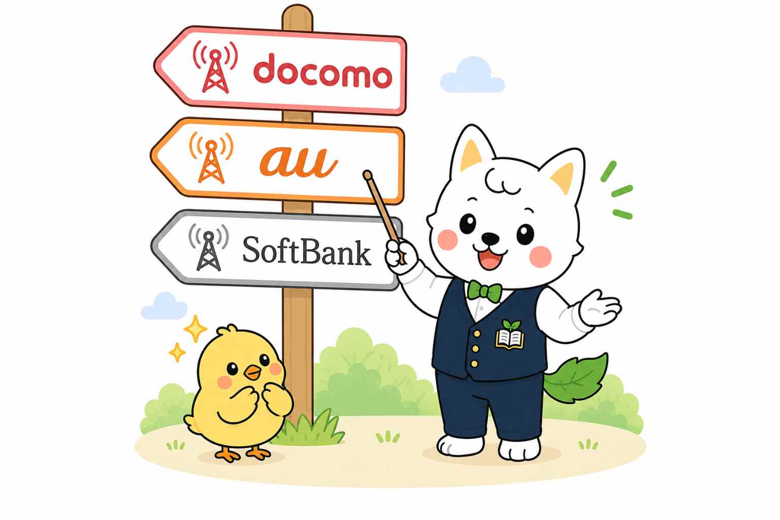 mineoでdocomo、au、SoftBank回線を選ぶイメージ