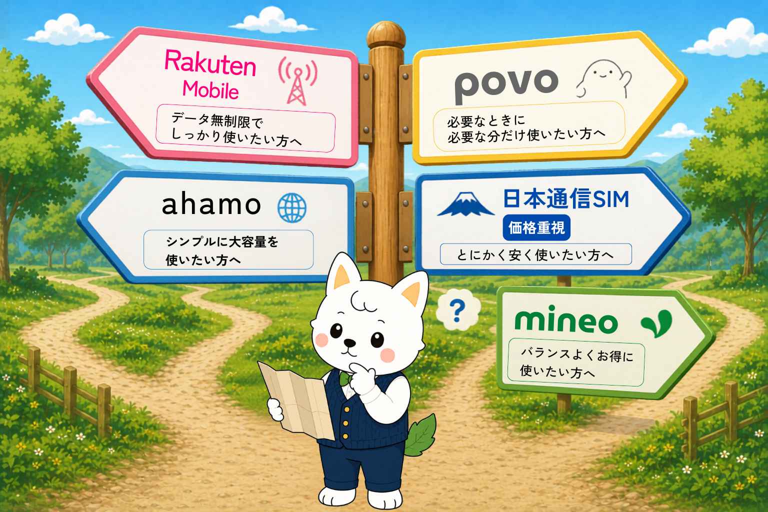 楽天モバイル、povo、ahamo、日本通信SIM、mineoを使い方別に選び分けるイラスト