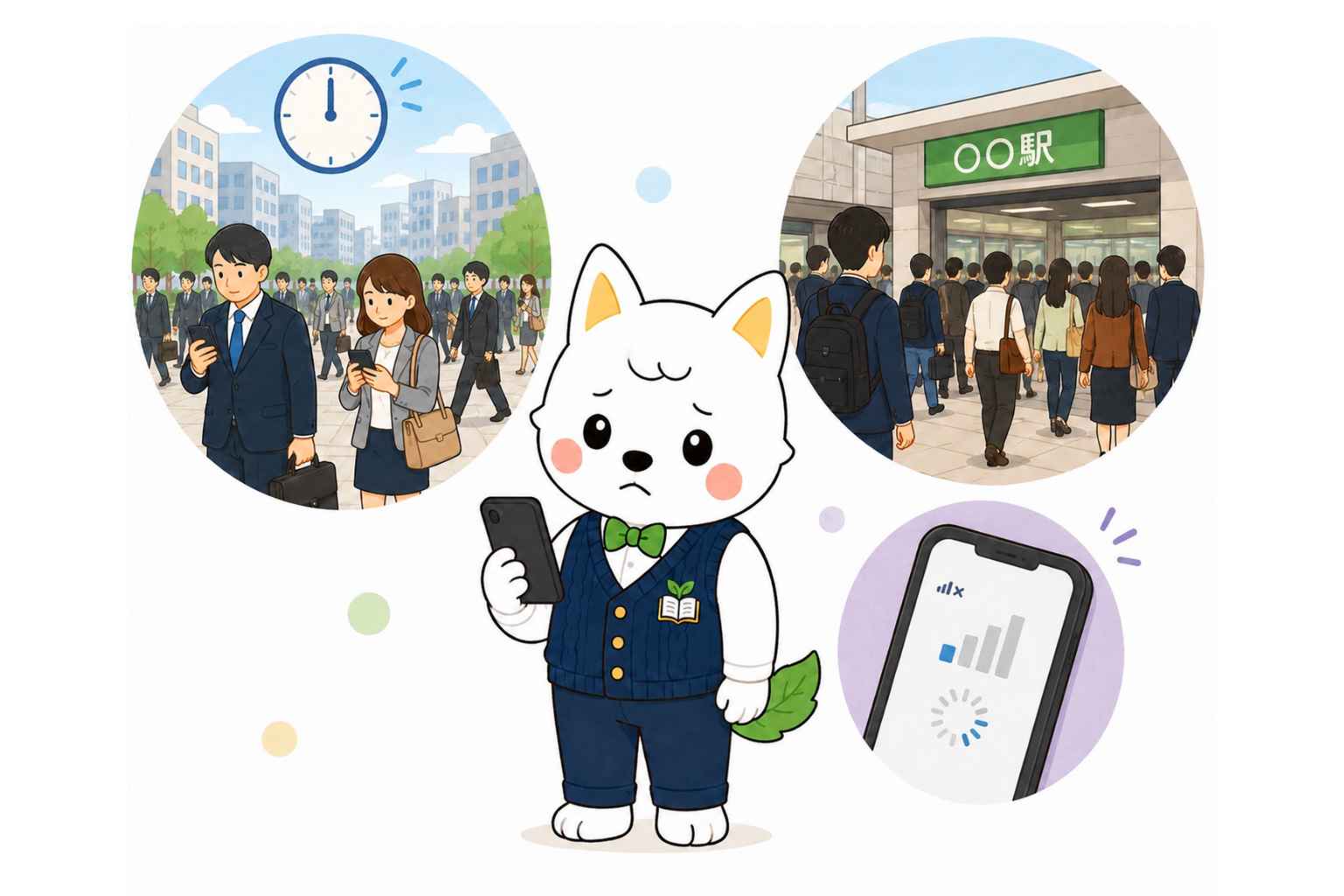 昼の混雑時間帯や駅で日本通信SIMの速度に注意するイラスト