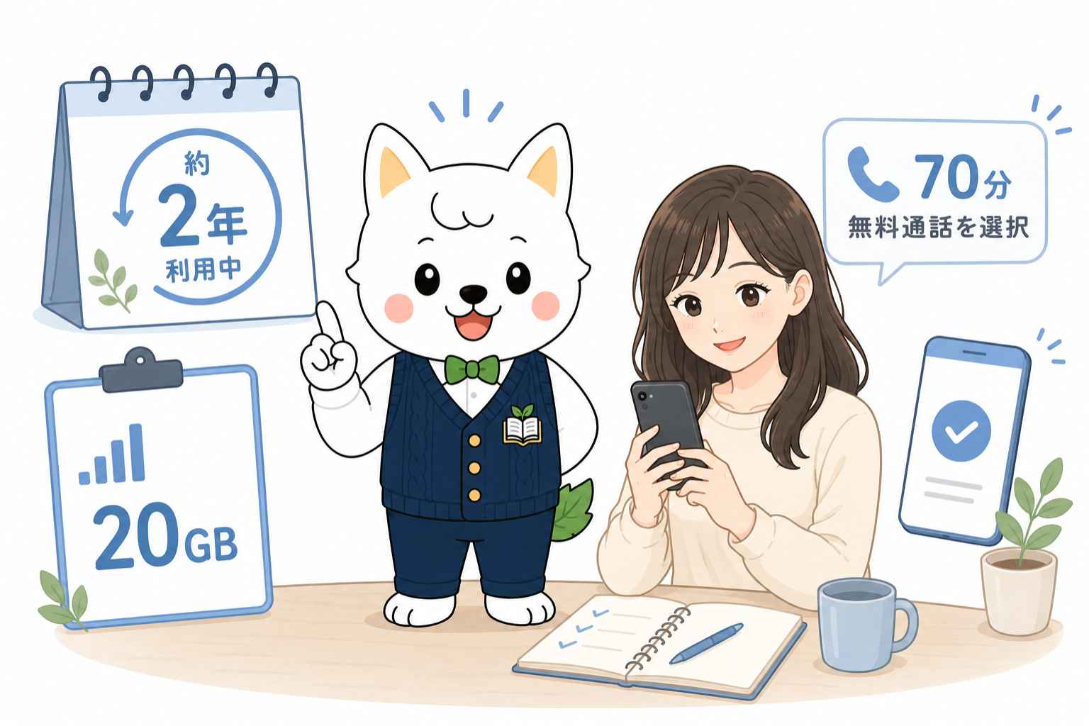 日本通信SIMを妻が約2年使っている実体験を説明するイラスト