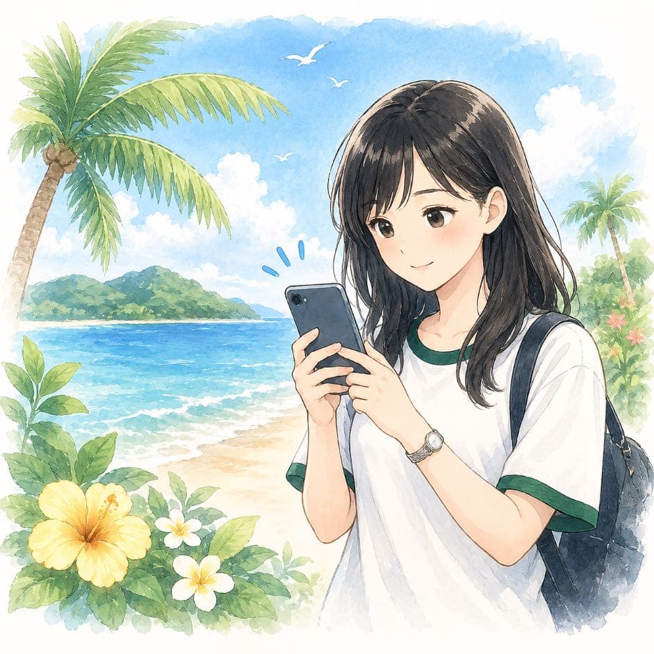 沖縄でスマホを使う女性の家族メモ用イラスト