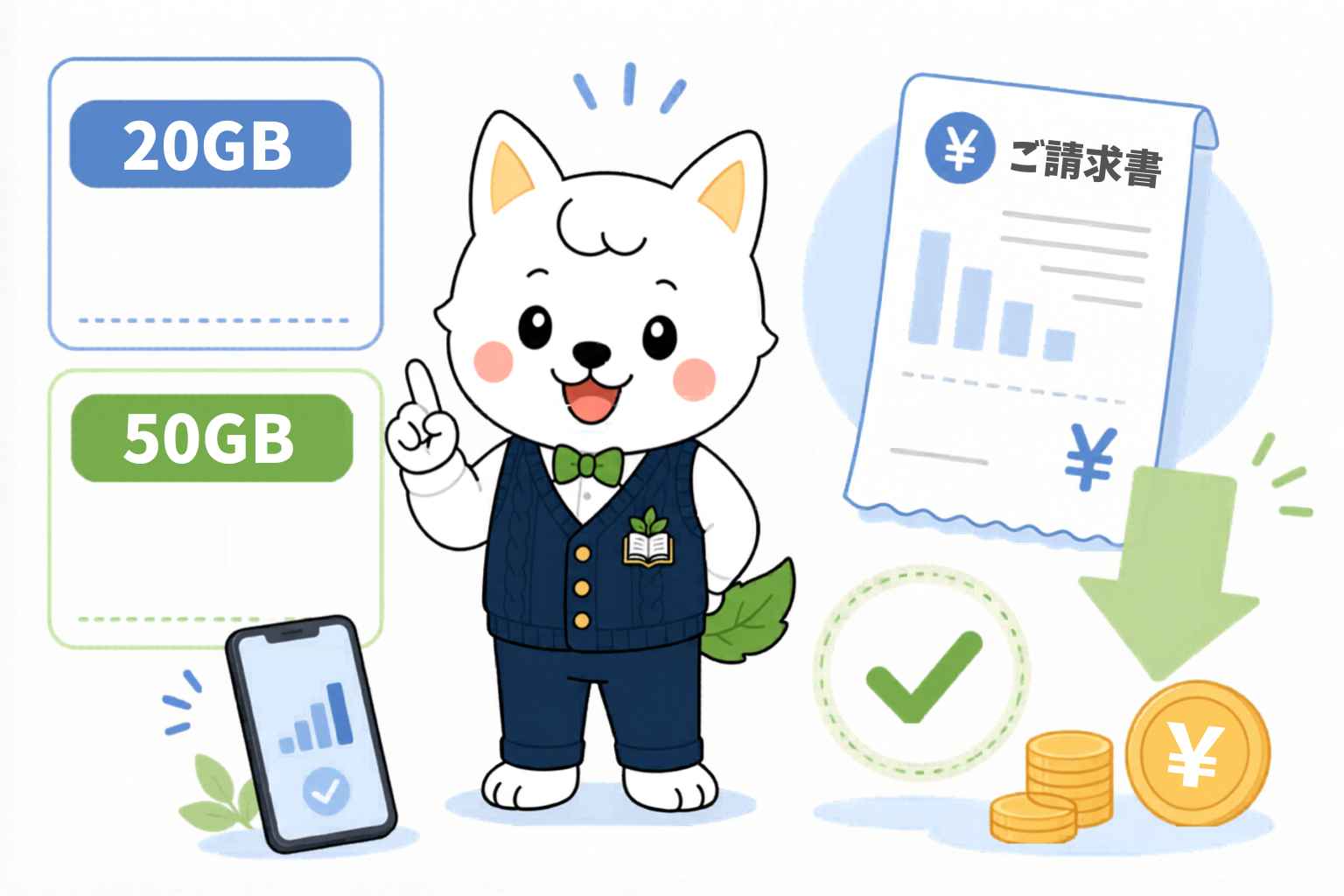 日本通信SIMの20GBと50GBプランを価格重視で比較するイラスト
