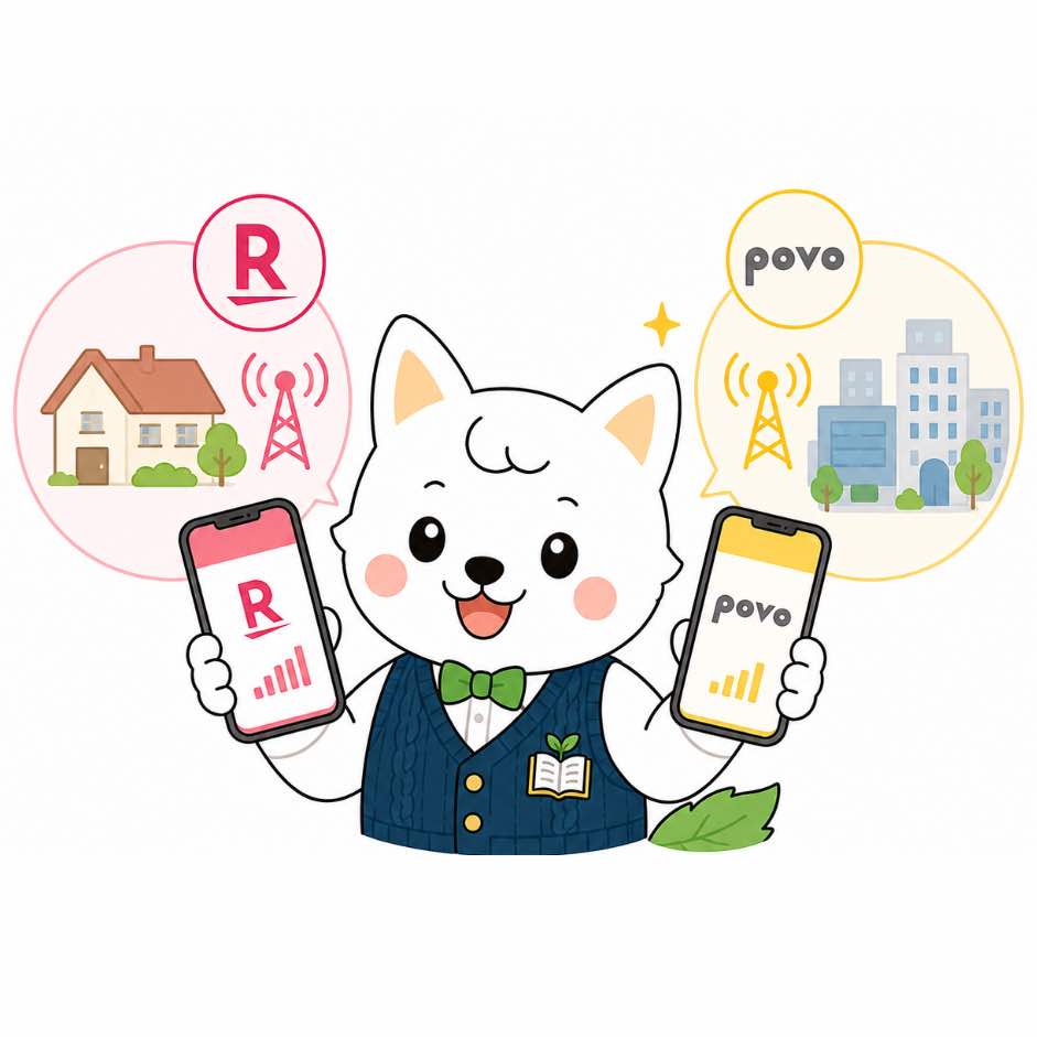 楽天モバイルをメイン回線、povo2.0を副回線として使い分けるイラスト