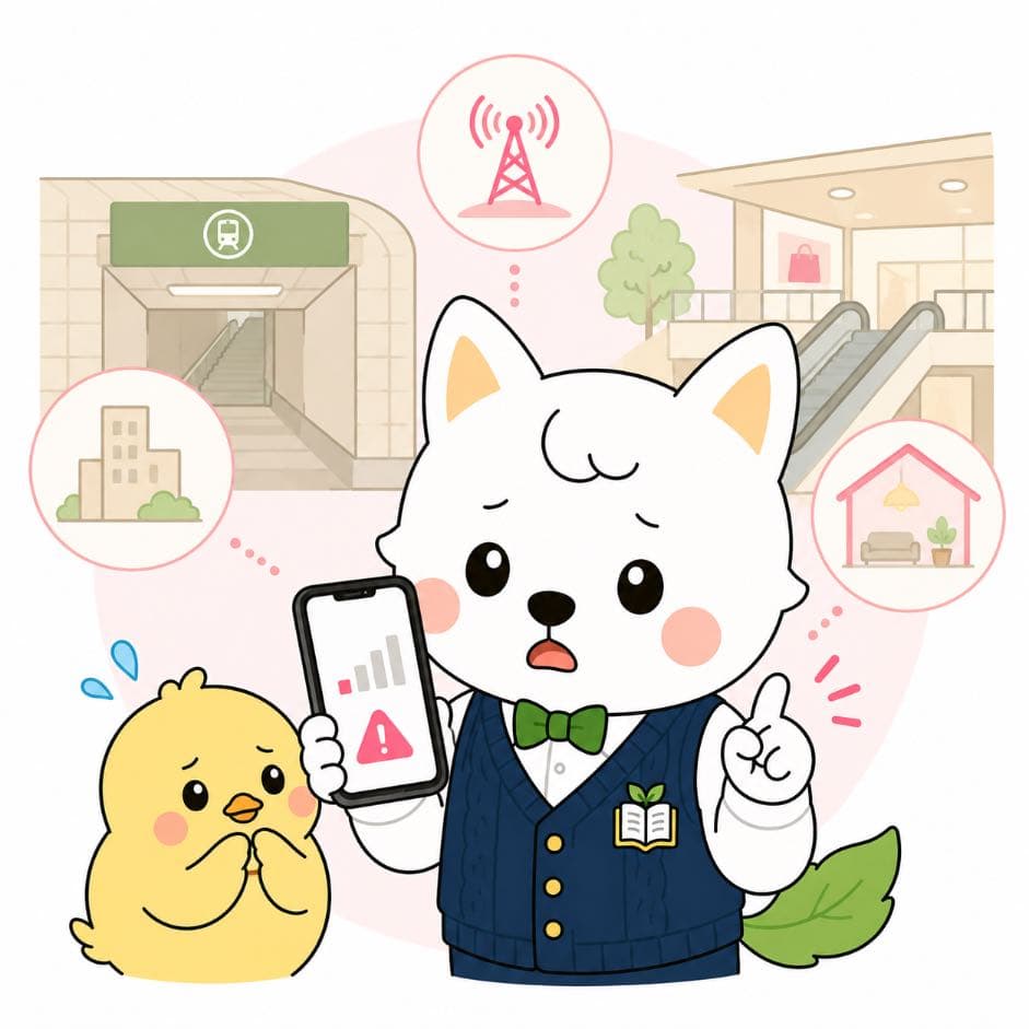 地下や建物内で電波が気になる場面を説明するいぬ先生とひよこ