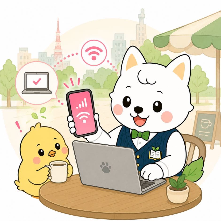 スマホのテザリングでPC作業をするいぬ先生とひよこ