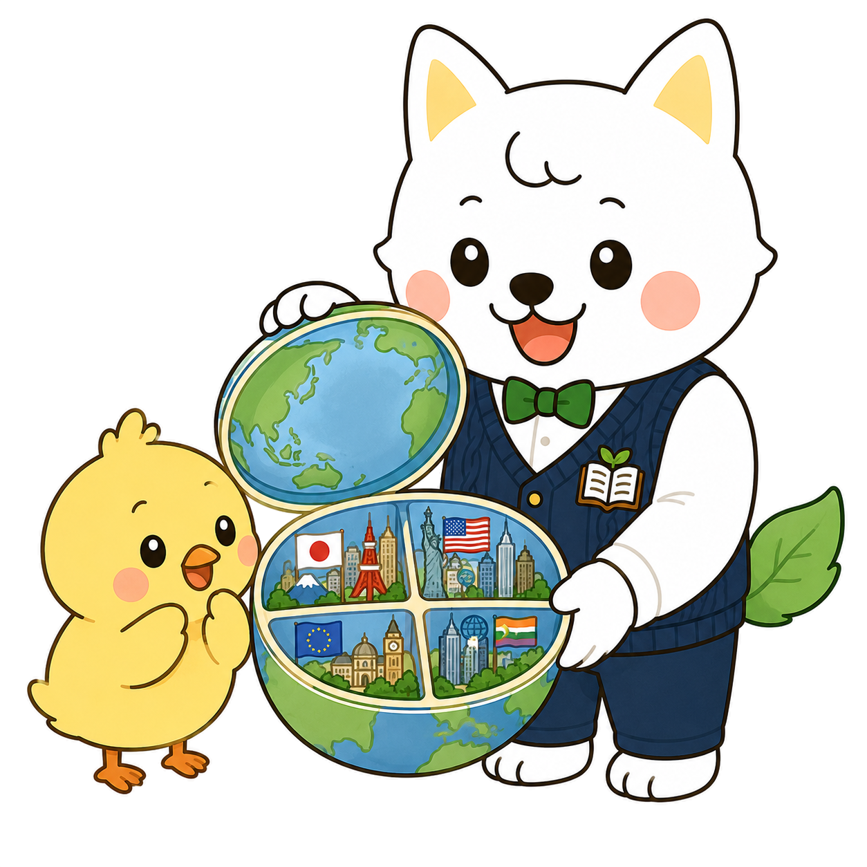 地球型のお弁当パックでオルカンを説明するいぬ先生とひよこ