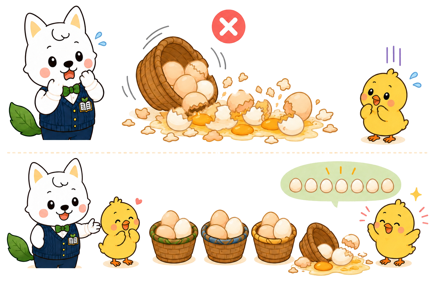 分散投資をたまごとかごで説明するいぬ先生とひよこ