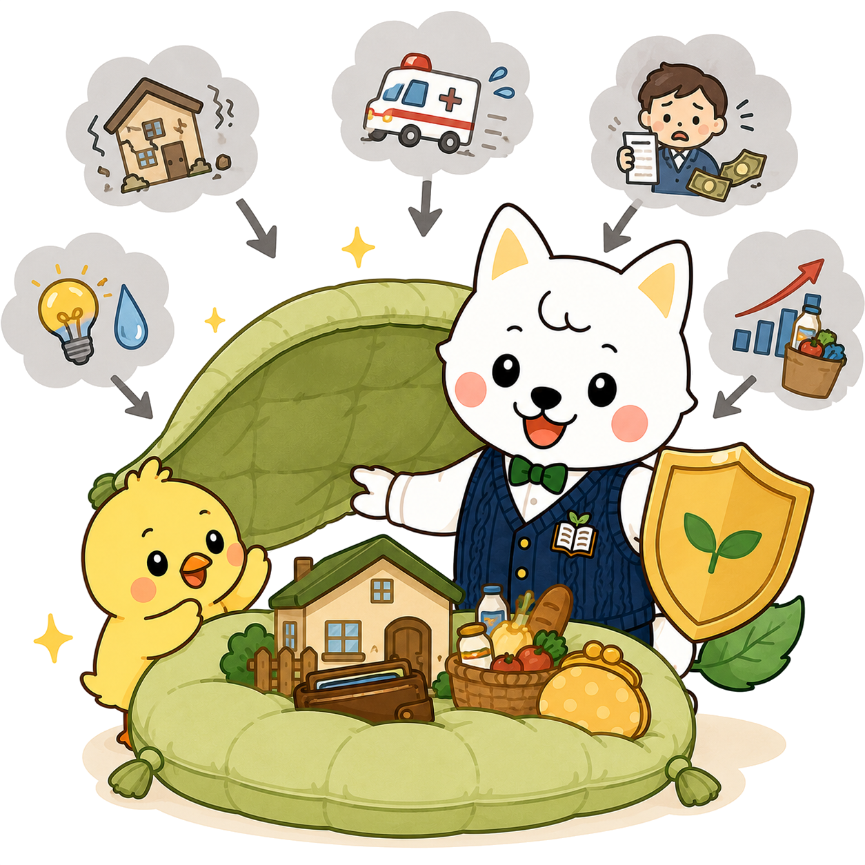 急な出費から家計を守るいぬ先生とひよこ