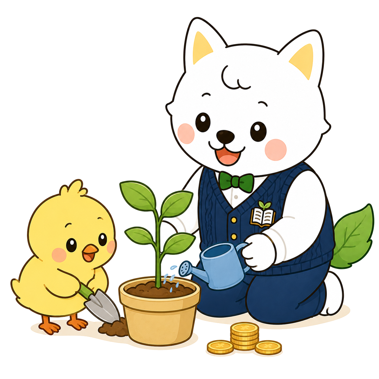 投資信託のお世話代を説明するいぬ先生とひよこ